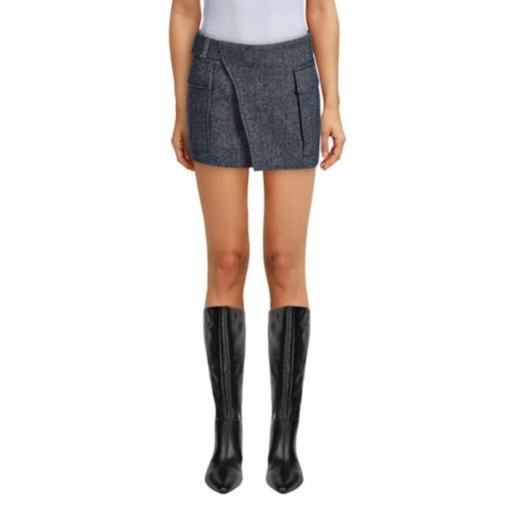 A.L.C. Women's Skirt Conan Tailored Linen and Wool Tweed Mini Wrap Navy/Cream 12